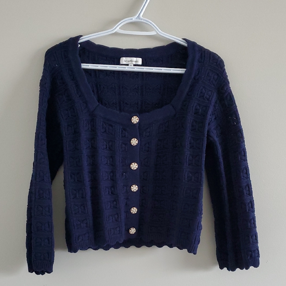 Heartloom Navy Cropped Bow Knit Cardigan Gold Accents 3/4 Sleeves Sz M Coquette